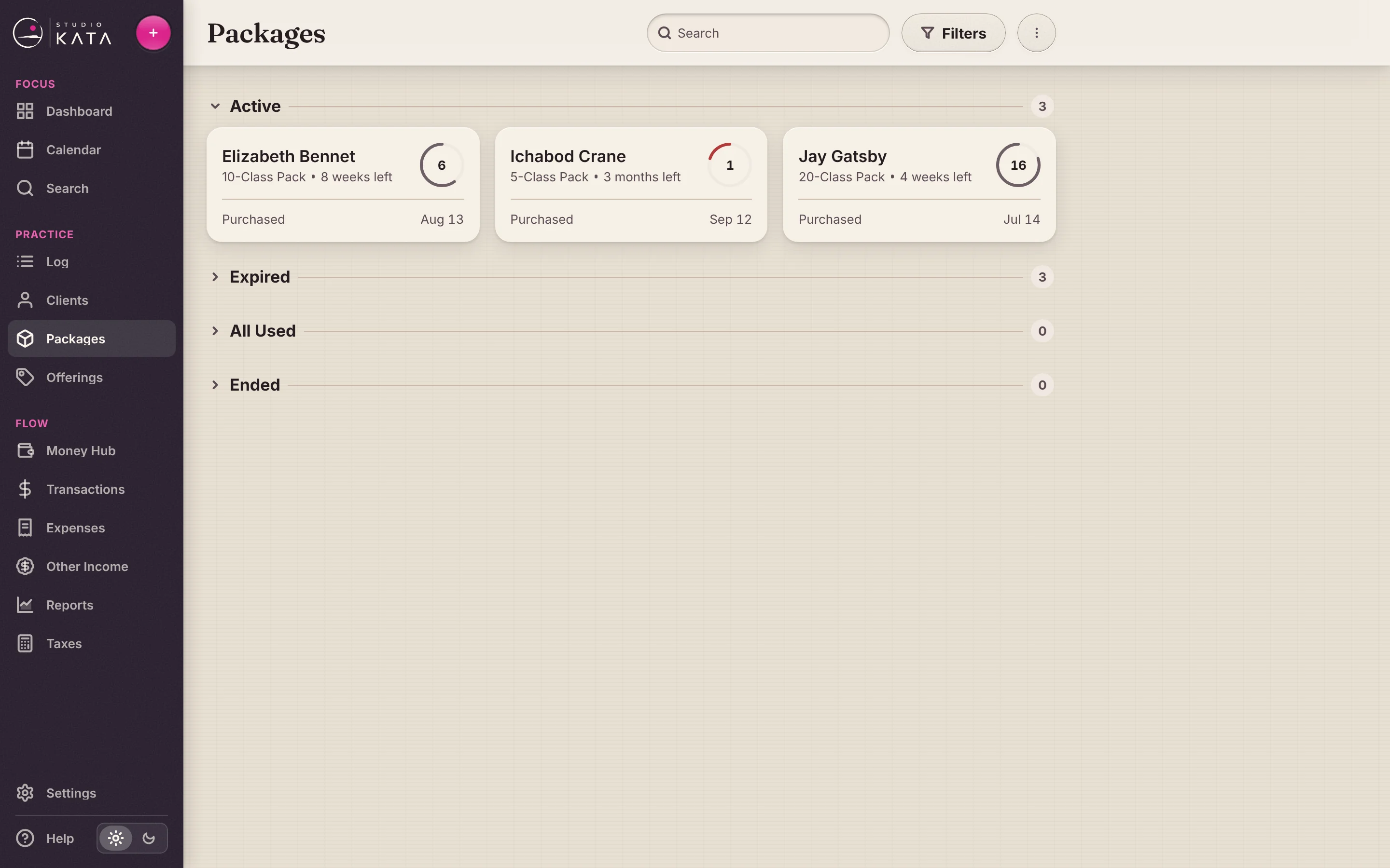 Package list showing each client's package with what's left: 6, 1 and 16 classes