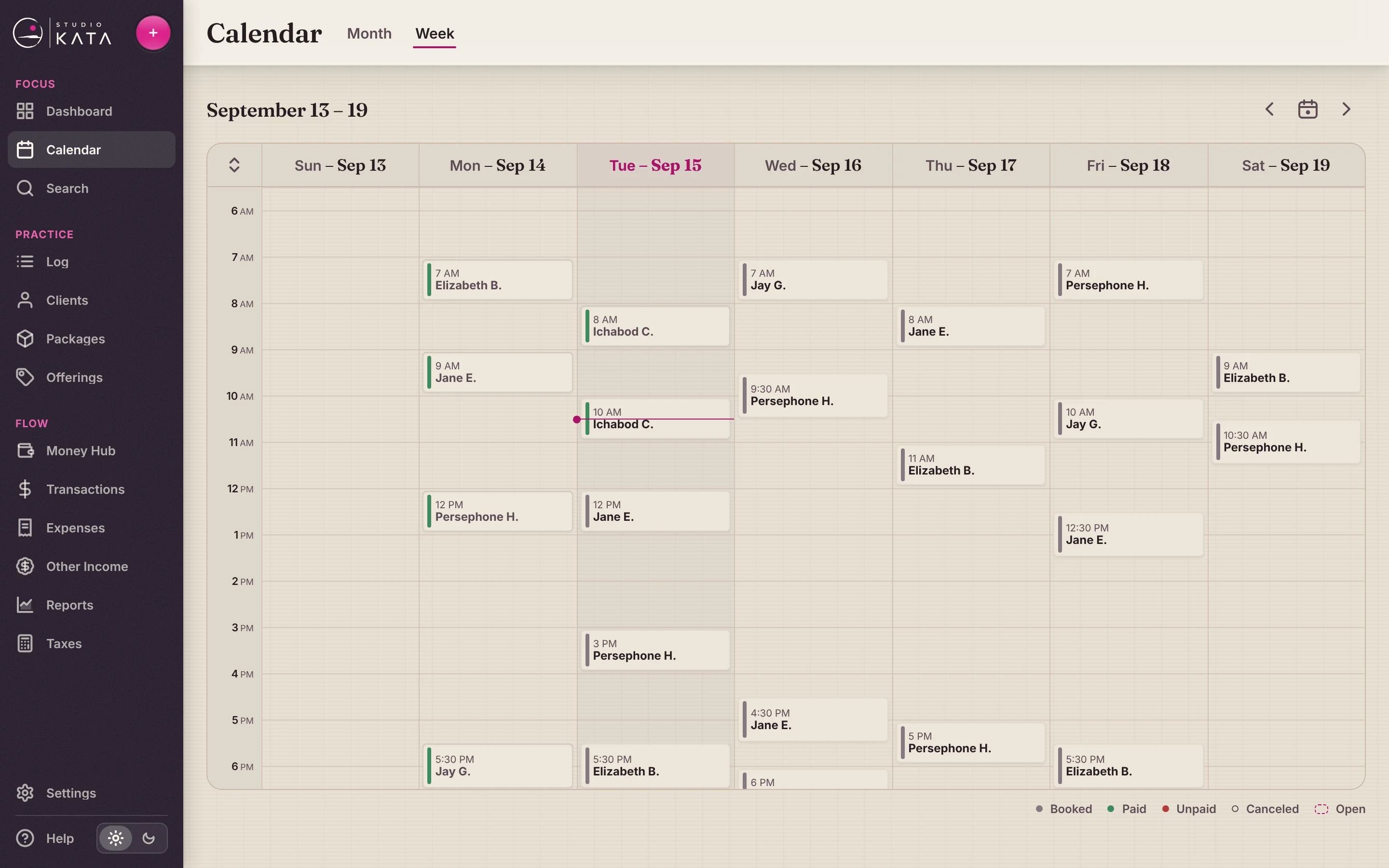Week view of the calendar, with private and duet sessions across six days