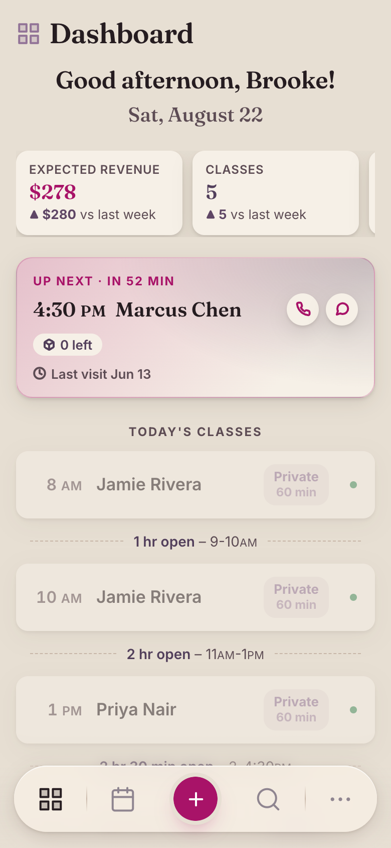 Studio Kata on a phone: the dashboard with today's classes and the next client up
