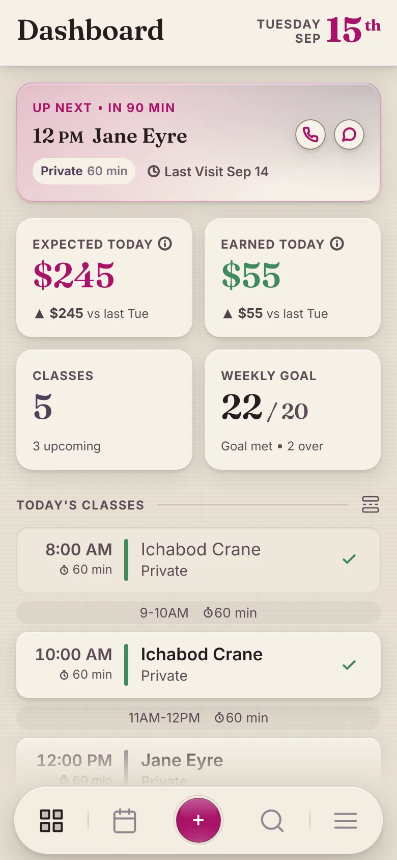 Studio Kata on a phone: the dashboard with today's classes and the next client up
